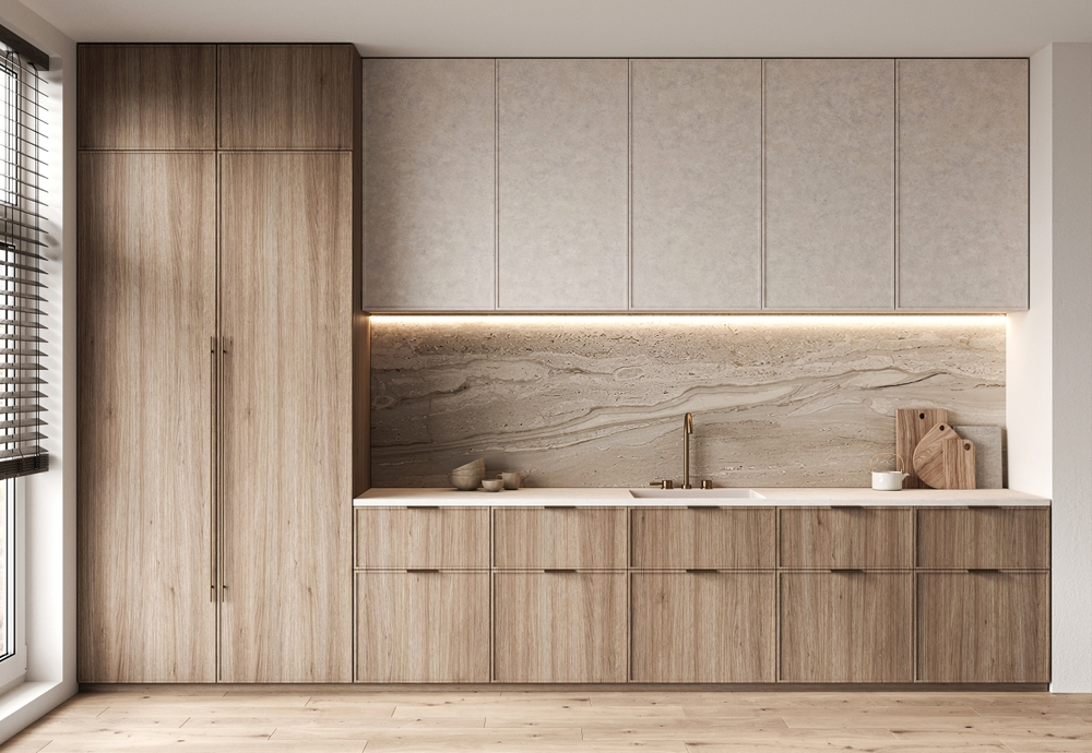 Full,View,Of,A,Modern,Kitchen,With,Wooden,Cabinetry,,Integrated Full view of a modern kitchen with wooden cabinetry, integrated appliances, and a luxurious sandstone backsplash. 3d render. 3D Illustration