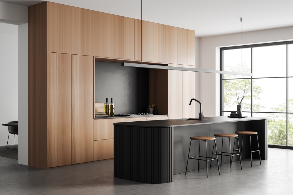Stylish,Kitchen,Interior,With,Bar,Island,And,Stool,,Side,View Stylish kitchen interior with bar island and stool, side view on grey concrete floor. Kitchenware and decoration, cooking area with panoramic window on tropics. 3D rendering